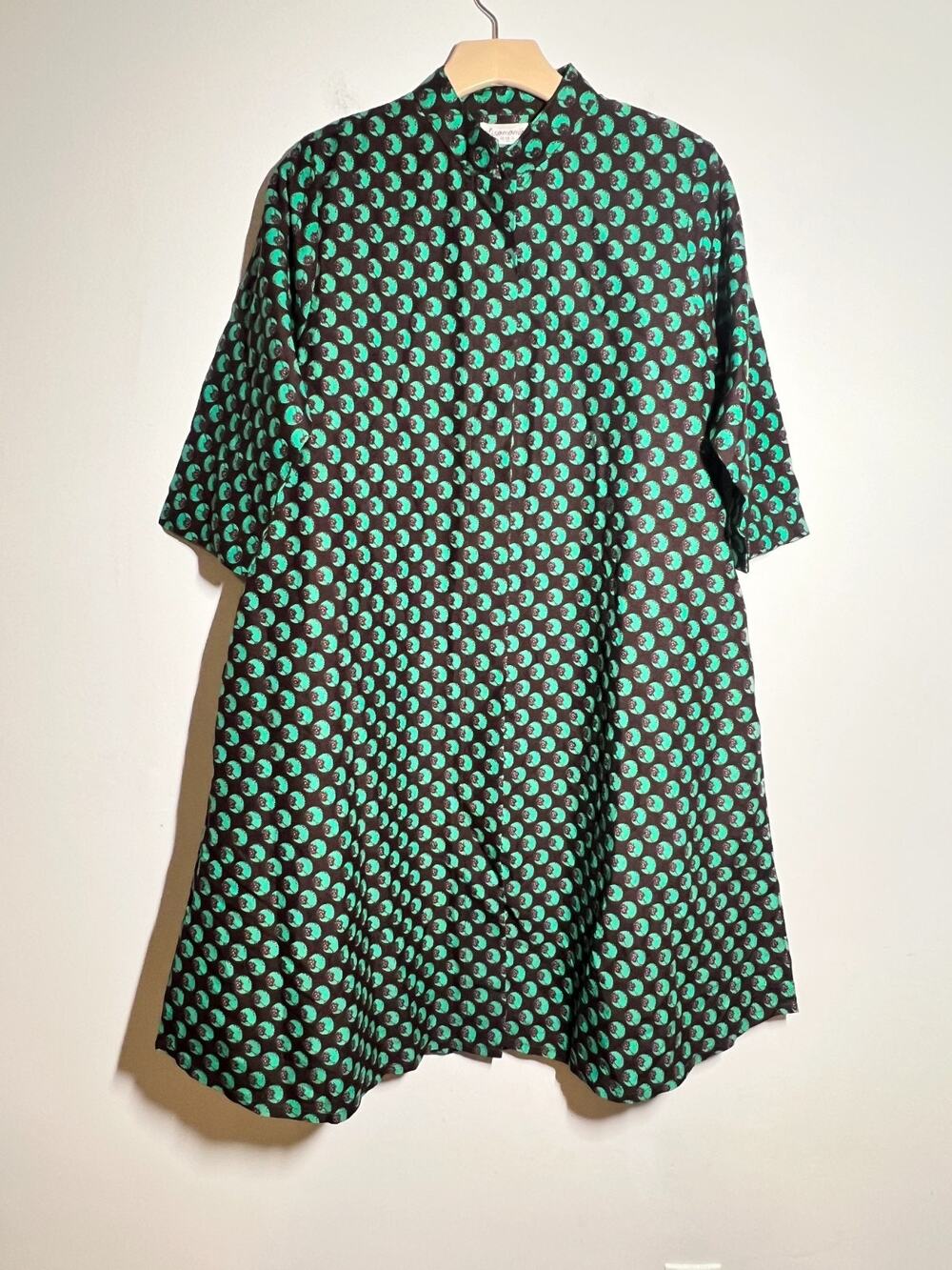 Elisamama EUC Green Print 100% Cotton Button Down Short Sleeve A-Line Dress M